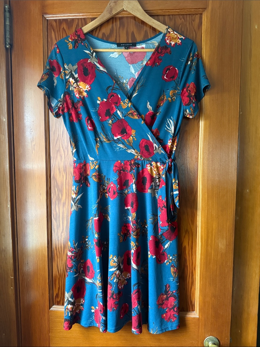 Teal Floral Wrap-Style Mini Dress with Red Blooms